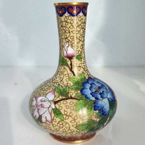 Vintage Chinese Cloisonné Enamel Vase Blue Peony Bird Pink Floral Brass Rim MCM